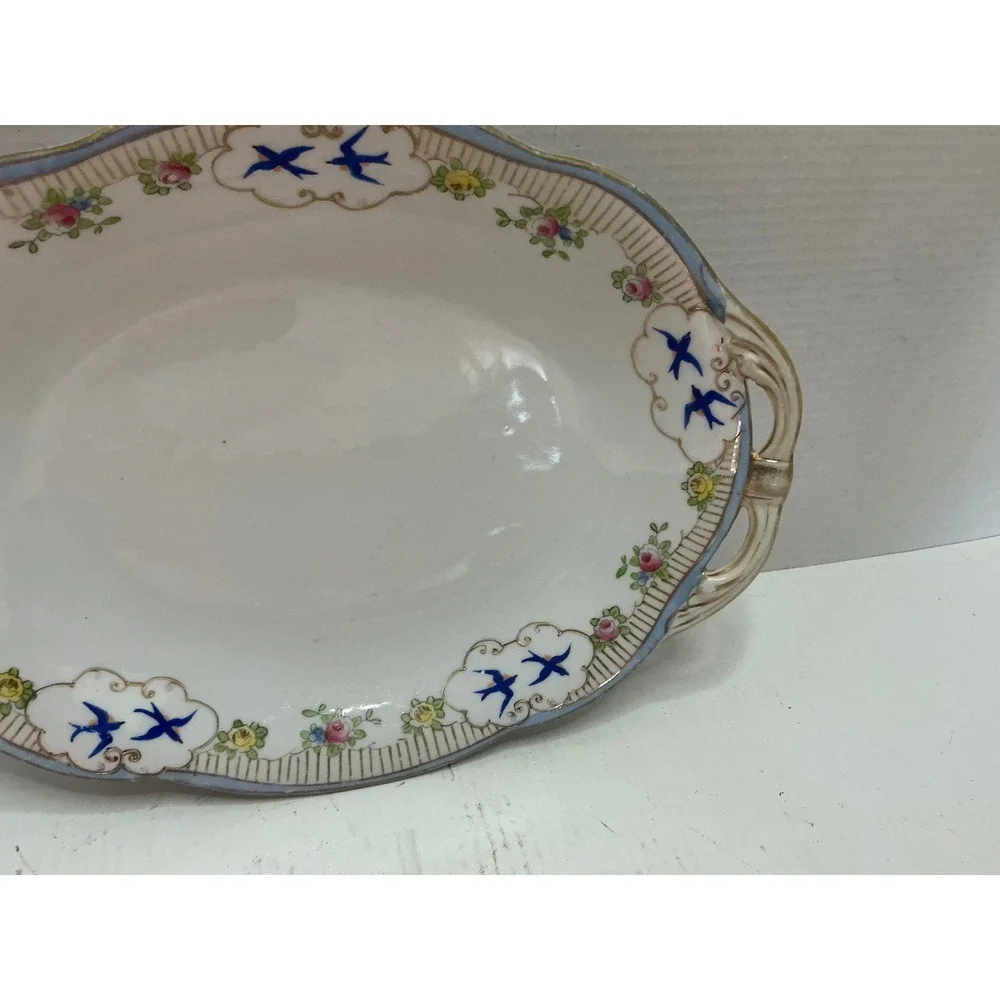 Nippon Vintage Hand Painted Porcelain Dish Blue Bird Floral Gold Trim 10.5in